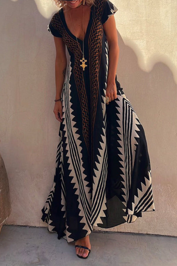 V Neck Short Sleeve Color Block Printed Maxi Dress