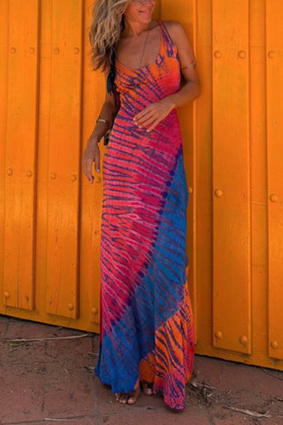 Back Criss Cross Sleeveless Color Block Tie Dye Maxi Dress