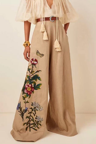 High Waisted Loose Belted Flower Print Pockets Pants Trousers