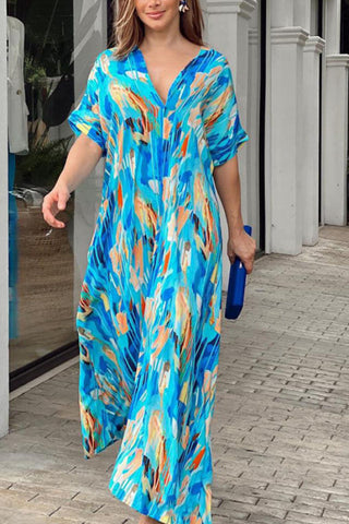 Print Short Sleeve Wide Hem Maxi Dress