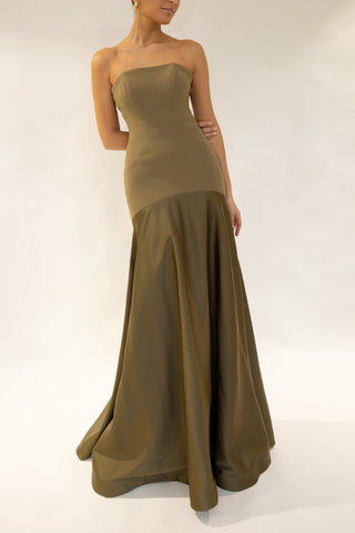 Satin Patchwork Strapless Flare Gown Maxi Dress