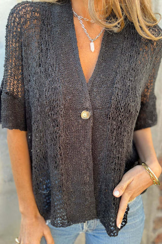 One button mid-sleeve hollow knit cardigan