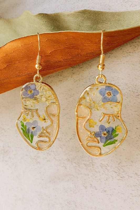 Pressed Flower Earrings -Abstract Face Forget Me Not Flower