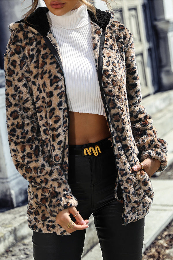 Leopard Printed Zipper Up Fleece Hoodie