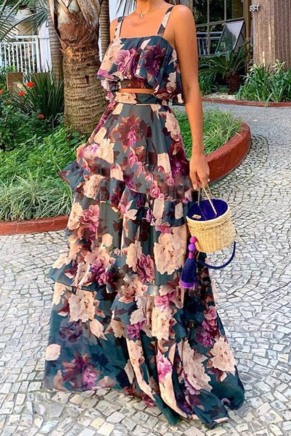 Summer Sling Floral Printed Ruffled Skirt Set