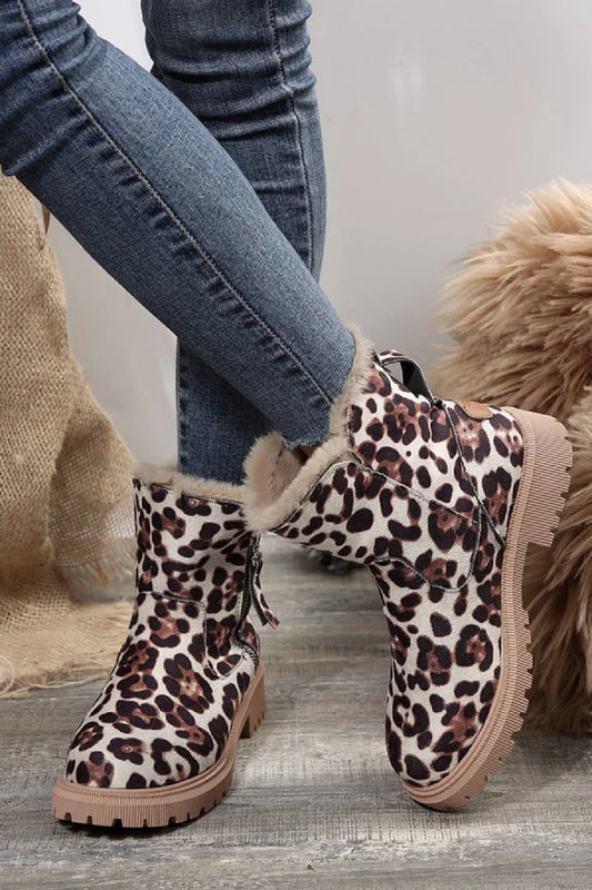 Leopard Print Suede Winter Plush Insulation Side Zipper Thick Heeled Snow Boots