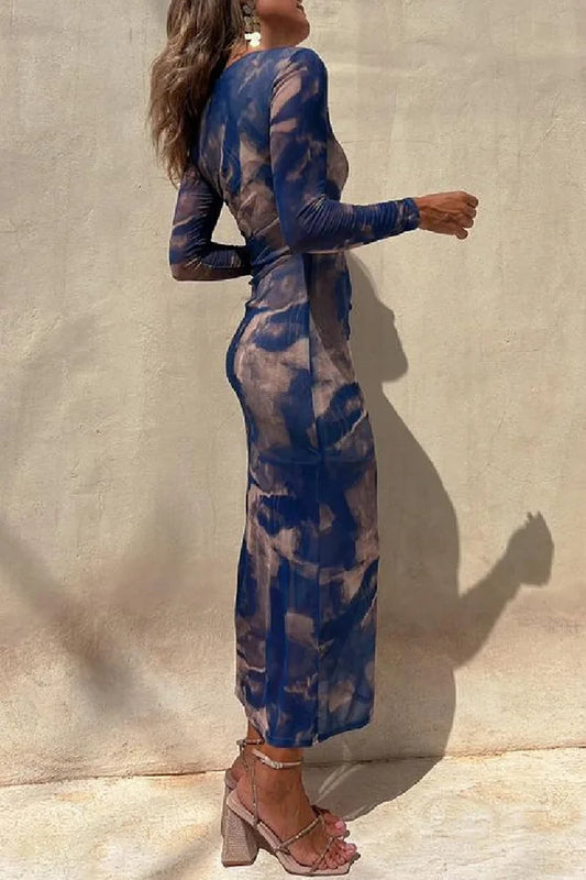 Long Sleeve Ruched Side Slit Tie Dye Maxi Dress