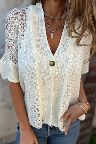 One button mid-sleeve hollow knit cardigan