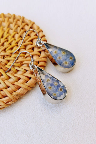 Pressed Flower Earrings - Water Drop Forget Me Not Flower