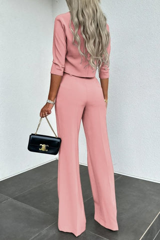 Solid Color top and High Waist Straight Pants Set