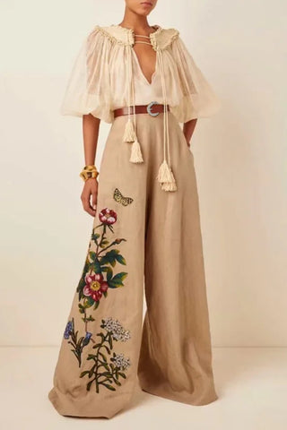 High Waisted Loose Belted Flower Print Pockets Pants Trousers