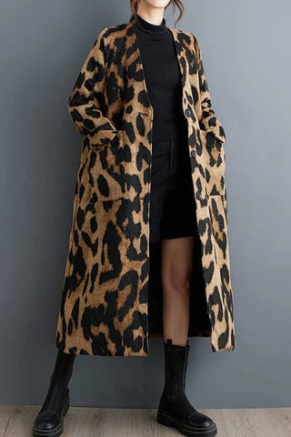 Long Sleeves Loose Buttoned Leopard Pockets Split-Joint V-Neck Outerwear Trench Coats