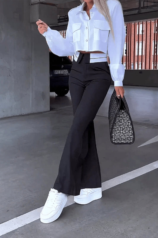 elegant solid pocket turndown collar long sleeve pants set