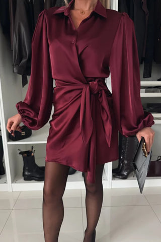 Elegant Lace-Up Satin Shirt Mini Dress