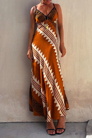 V Neck Color Block Printed Swing Cami Maxi Dress