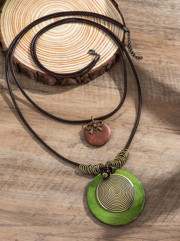 Wooden Disc Beaded Long Necklace