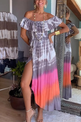 Ruffle Off Shoulder High Slit Tie Dye Maxi Dress