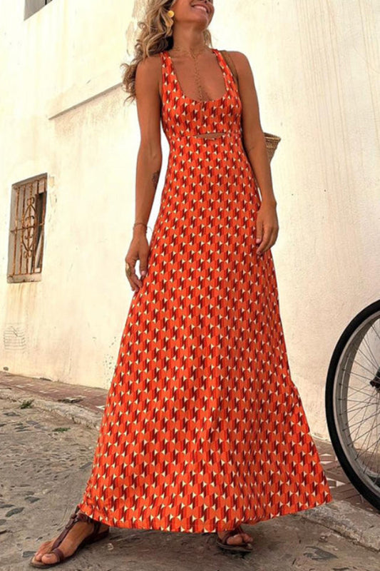 Scoop Neck Backless Geometric Print Maxi Dress