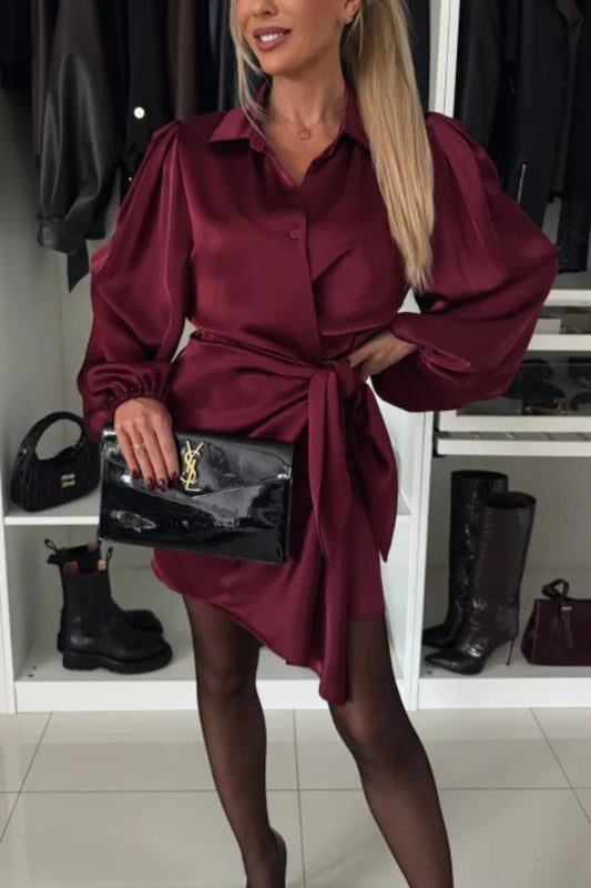 Elegant Lace-Up Satin Shirt Mini Dress