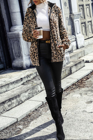 Leopard Printed Zipper Up Fleece Hoodie