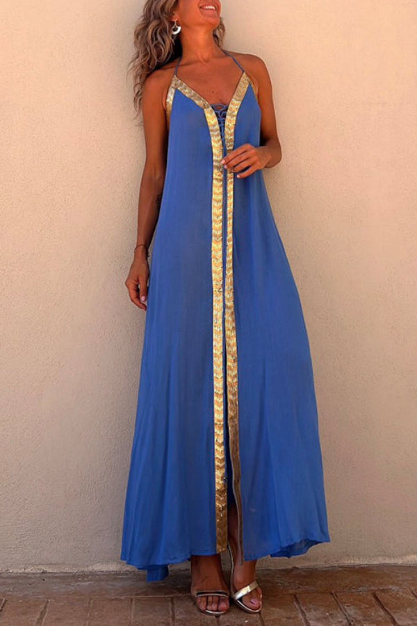 V Neck Backless Sequin Detailed Slit Cami Maxi Dress