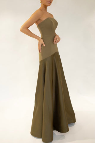 Satin Patchwork Strapless Flare Gown Maxi Dress