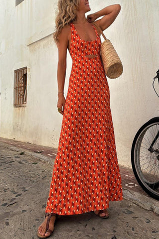 Scoop Neck Backless Geometric Print Maxi Dress