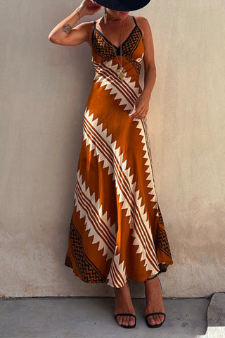 V Neck Color Block Printed Swing Cami Maxi Dress