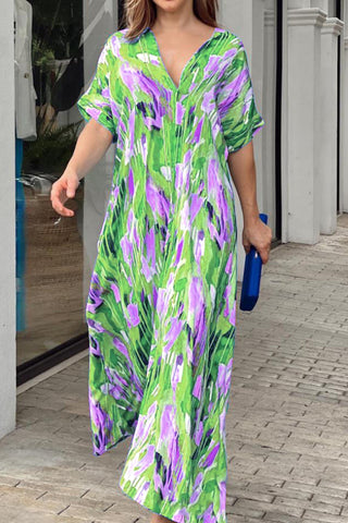 Print Short Sleeve Wide Hem Maxi Dress