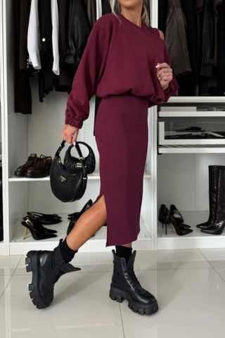 Wide Neck Relaxed Sweatshirt and Ribbed Tank Stretch Midi Dress Set