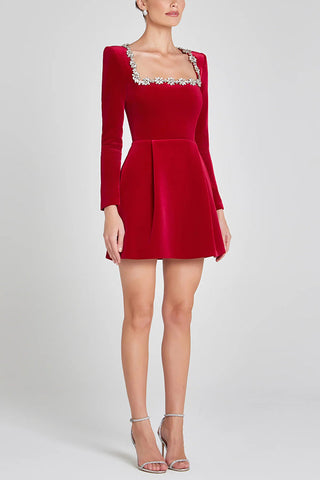 Velvet Jewel Embellished Trim Long Sleeve Pocketed Mini Dress