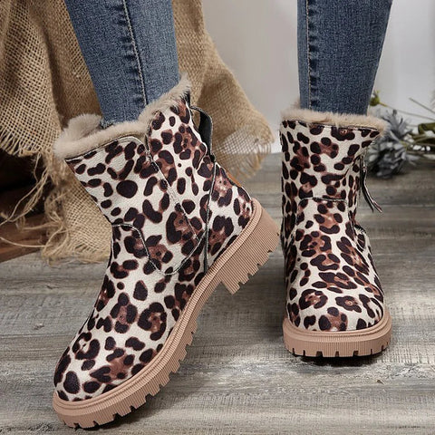 Leopard Print Suede Winter Plush Insulation Side Zipper Thick Heeled Snow Boots