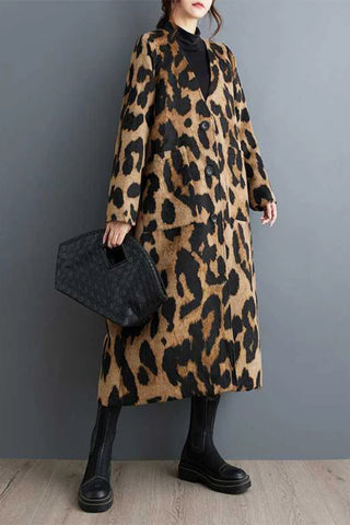 Long Sleeves Loose Buttoned Leopard Pockets Split-Joint V-Neck Outerwear Trench Coats