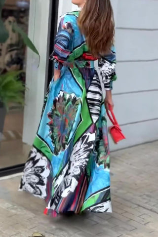 Printed long sleeve belt maxi dress