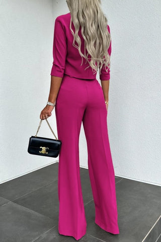 Solid Color top and High Waist Straight Pants Set