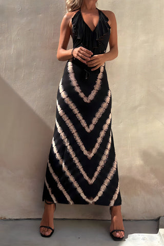 Halter V Neck Ruffle Drape Front Printed Maxi Dress