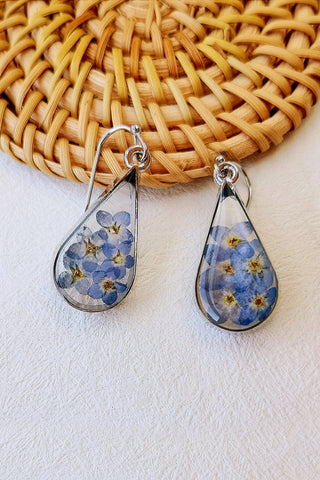 Pressed Flower Earrings - Water Drop Forget Me Not Flower