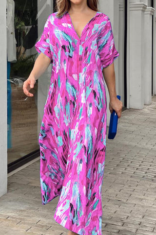 Print Short Sleeve Wide Hem Maxi Dress