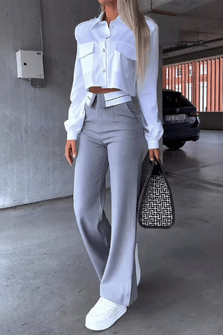 elegant solid pocket turndown collar long sleeve pants set