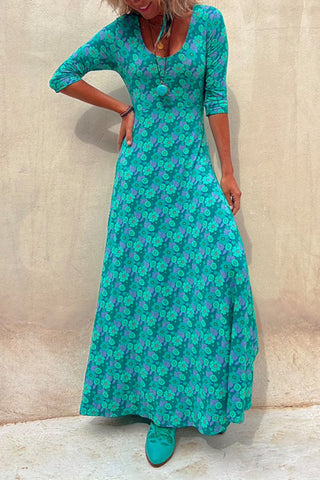 Scoop Neck 3/4 Sleeve Floral Maxi Dress