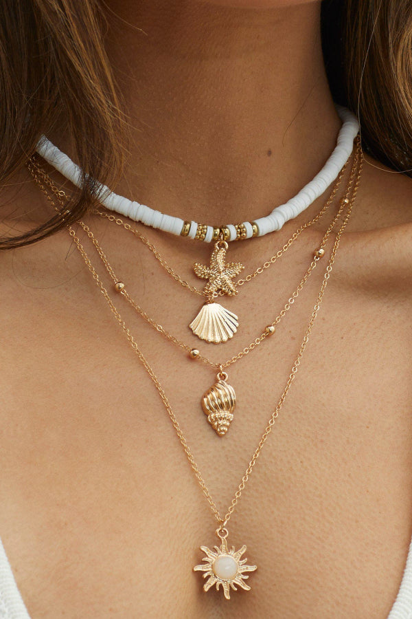 South Pacific Shell Starfish Multi-Layer Necklace Gold