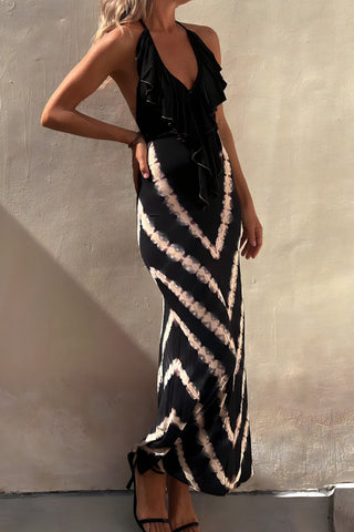 Halter V Neck Ruffle Drape Front Printed Maxi Dress