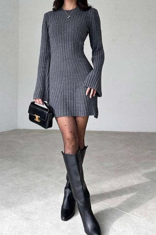 Half Collar Long Sleeved Knitted Mini Dress