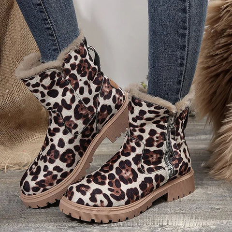 Leopard Print Suede Winter Plush Insulation Side Zipper Thick Heeled Snow Boots