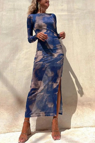 Long Sleeve Ruched Side Slit Tie Dye Maxi Dress