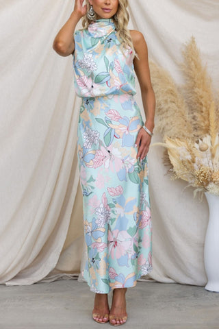 Floral Halter Neck Elastic Waist Midi Dress