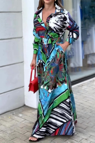 Printed long sleeve belt maxi dress