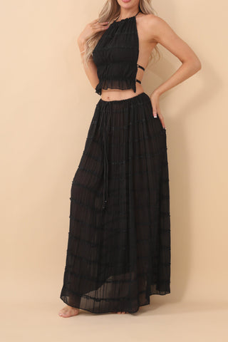 Backless halter neck tie pleated lace vest long skirt set