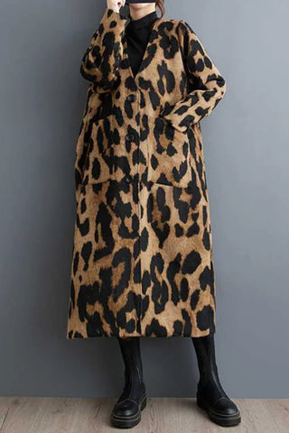 Long Sleeves Loose Buttoned Leopard Pockets Split-Joint V-Neck Outerwear Trench Coats