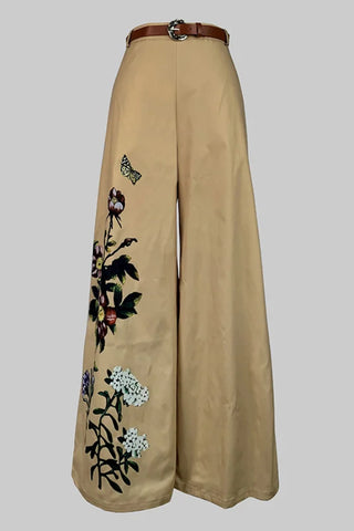 High Waisted Loose Belted Flower Print Pockets Pants Trousers